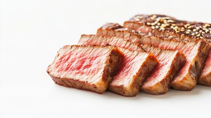 Fototapeta premium Seared Steak Slices Topped with Sesame, Medium Rare Meat ,Beef
