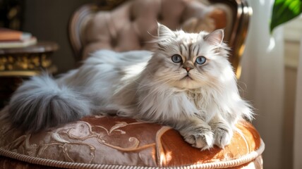 Fluffy cat with striking blue eyes lounging elegantly on a vintage upholstered chair, showcasing luxurious fur and a serene atmosphere in a cozy indoor setting