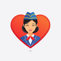 A smiling flight attendant in uniform framed by a vibrant red heart.