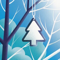 Minimalist Christmas tree ornament illustration hanging from a branch against a blue background, featuring a unique design and soft textures, perfect for holiday decor