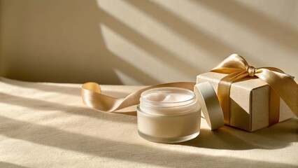 Luxury spa salon scene featuring an open cream jar beside a beautifully wrapped gift box, illuminated by soft sunlight, creating a serene and festive atmosphere