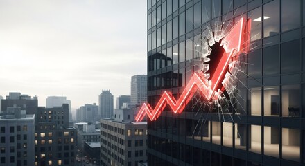Red glowing arrow graph breaking through glass building facade in a city. Business failure concept. Economic crisis and financial disruption of the stock market.