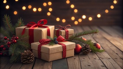 Beautifully wrapped gift boxes adorned with festive ribbons and surrounded by pine branches, holiday ornaments, and warm bokeh lights creating a cozy Christmas atmosphere