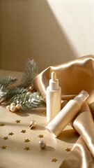 Luxury spa salon flatlay featuring elegant skincare products, golden fabric, festive decorations, and holiday ambiance for a serene Christmas experience