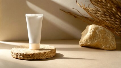 Minimalist still life featuring a white cosmetic tube on a woven mat, surrounded by natural elements, showcasing simplicity and elegance in product presentation with copy space