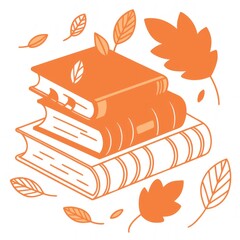 Stack of books with colorful leaves in a flat illustration style, showcasing a cozy autumn atmosphere and inviting readers to explore the world of literature and knowledge
