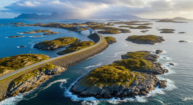 Aerial View of Scenic Coastal Road Connecting Rocky Islands