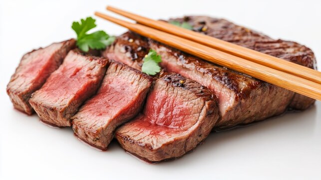 Seared Steak Slices with Chopsticks and Parsley, beef ,rare