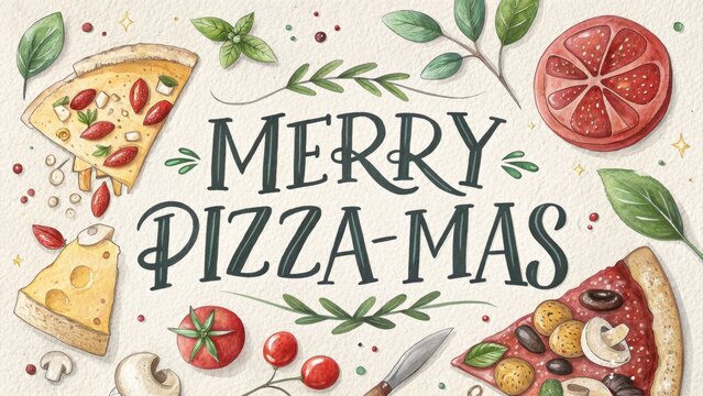 Merry Pizza-Mas lettering with watercolor accents, featuring slices of pizza, fresh ingredients, and festive elements, creating a cheerful holiday atmosphere for food lovers