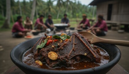 spicy bat stew in rural asian forest village setting representing ancient culinary practice and cultural identity