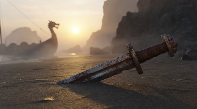 Viking sword on shore with longship at sunrise evoking heritage myth warrior lore symbol of journey battle end on nordic coast in early morning