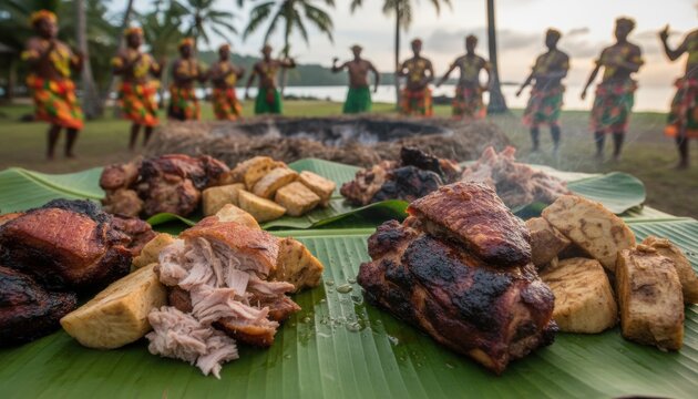 traditional polynesian earth oven feast with roasted pork and root crop during island ceremony at tropical coast evoking culture heritage and festive gathering