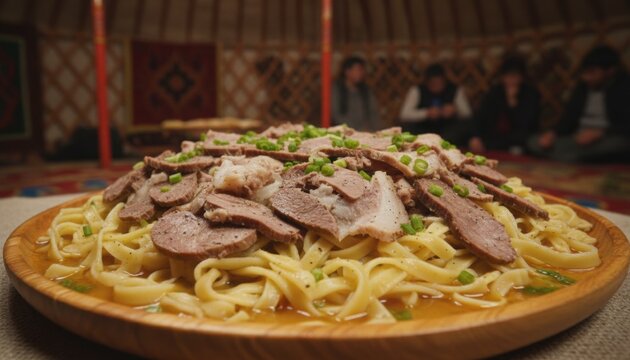 central asian beshbarmak dish with sliced meat and noodle served inside yurt representing nomadic heritage and winter hospitality
