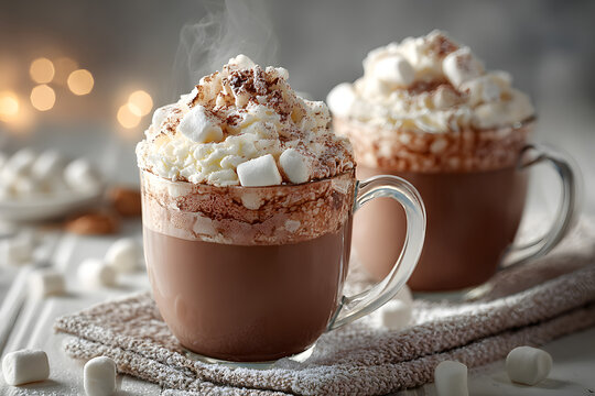 Glass cups of hot cocoa drink with whipped cream and marshmallows on white tile table