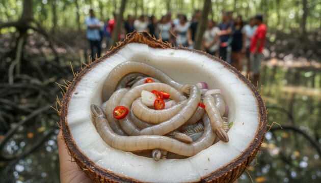 raw mangrove worm delicacy in coconut shell highlighting indigenous coastal practice adventure food trend and forest environment in southeast asian wetland