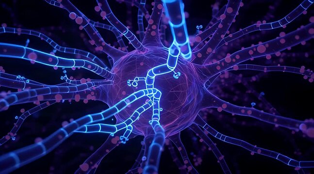 3D animation of a neuron with glowing blue electrical impulses traveling through the neural network