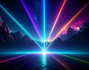 A vibrant cosmic landscape showcases neon beams erupting from a bright point. Mountains frame a starry sky. Perspective grid