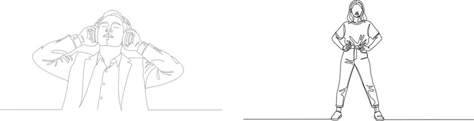 Abstract figures in black and white line art style on white background