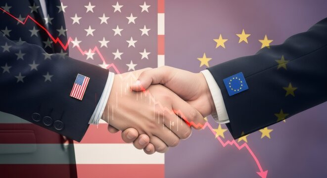 American and european men doing handshake. Economic ties between United States America and Europe during financial crisis with red downward graph.