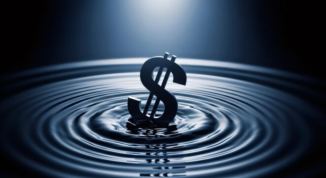 Dollar sign sinking in water with ripples, illustrating currency collapse and economic crisis. Financial downfall concept for market analysis. - Powered by Adobe
