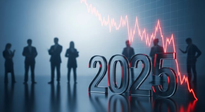 Group of blurred men and women silhouettes standing in front of year 2025 and a falling red financial graph. Global economic crisis concept.