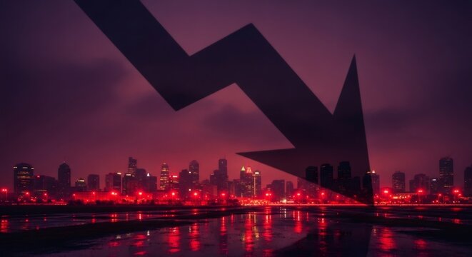 City skyline at night with a large downward arrow indicating economic decline. Concept of recession, financial crisis, and market crash.