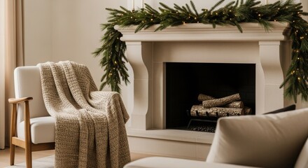Minimalist Hygge Christmas Living Room with Stone Fireplace and Garland
