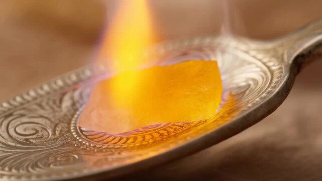 Macro close up of orange fire burning a sugar cube on an ornate silver spoon creating a dramatic warm glow