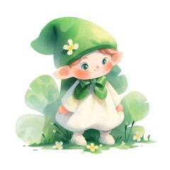 Naklejka premium Cute cartoon dwarf in green hat and white dress. Happy fairy creature illustration for children book or St. Patrick Day.