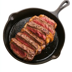 Sliced Ribeye Steak in Cast Iron Skillet, Food photography, Grilled beef