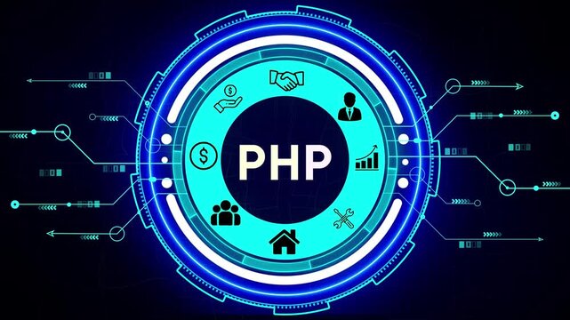 PHP programming language concept with business and technology icons in a digital circle code coding