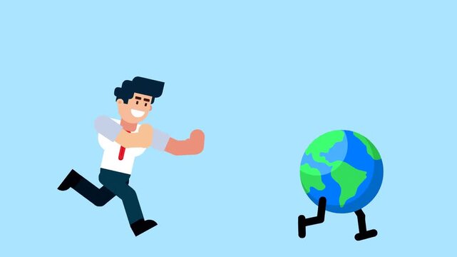A businessman runs after a walking globe, symbolizing pursuit of global opportunities, international business, or worldwide success on a blue background.