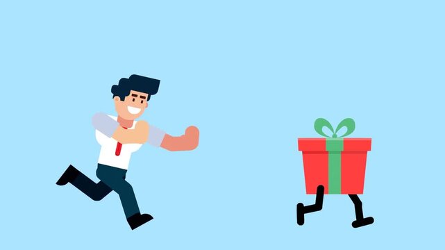 A businessman runs after a walking gift box, symbolizing pursuit of rewards, opportunities, success, or incentives in business on a blue background.

