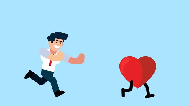 A businessman runs after a walking heart, symbolizing pursuit of love, passion, happiness, or emotional fulfillment in life or work, on a blue background.