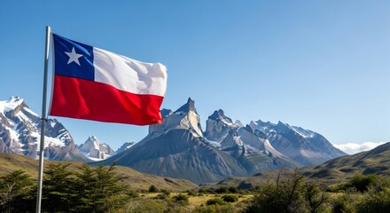 Chilean flag waving in the wind with the majestic Andes mountains in the background, symbolizing national pride and the country's natural beauty.