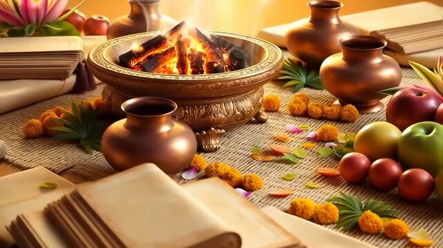 Sacred havan kund fire pit ritual with copper kalash pots marigold flowers and open spiritual books in warm golden light