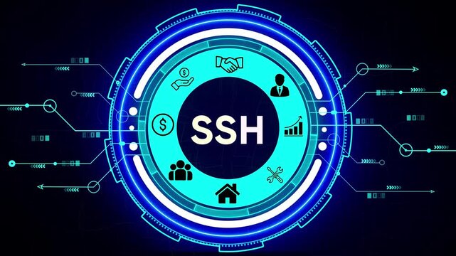 Digital security concept with SH acronym and interconnected icons on a futuristic blue circuit board background