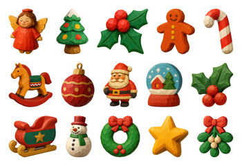 Obraz premium PNG Festive wooden Christmas decorations collection, transparent background