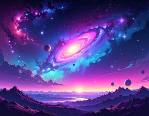 A vibrant cosmic vista with a swirling galaxy core dominates the scene above a planet-filled landscape at dawn. The color palette bursts