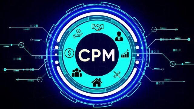 CPM cost per mille concept with icons and futuristic HUD interface digital marketing online advertising