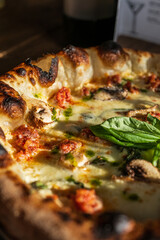 Close up of baked pizza showing golden crust sausage mushroom and melted cheese.