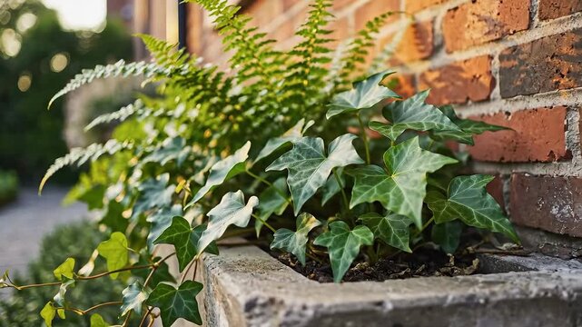 Close up of lush green ivy and fern plants in a stone planter against a brick wall.