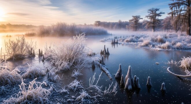 Frosted winter marshland at sunrise with misty cypress trees. Chilly morning landscape for nature background and season card. - Powered by Adobe