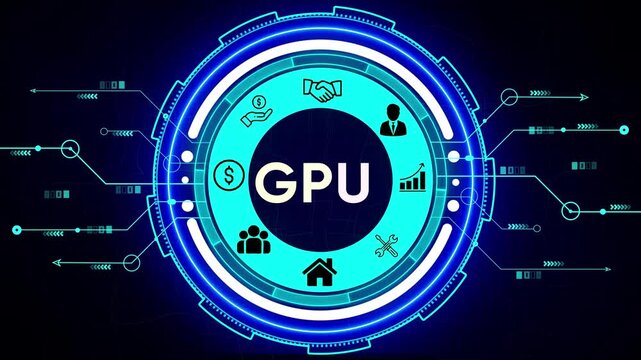 Circular digital interface with GPU text and business icons on a dark blue background technology