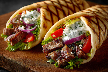 greek gyros rolled in pita, top view