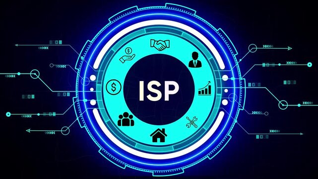 Abstract Digital Network with ISP Acronym and Business Icons in Neon Blue Circle internet service provider