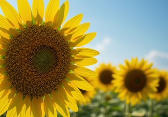 Naklejka premium A magnificent close-up view of a vibrant yellow sunflower head bursting with seeds under the bright summer sun in a vast, sunny field, flowering, sun, abundance