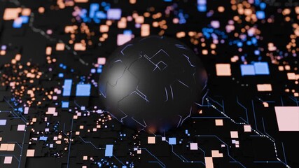 AI processor black sphere amidst digital circuit board patterns in vibrant colors and intricate designs - Powered by Adobe