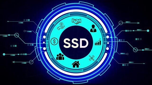 Futuristic Digital Hub with SD Acronym and Business Icons on Blue Circuit Background Keywords: SD, solid state drive, technology, data storage, digital, futuristic, network, connection, circuit