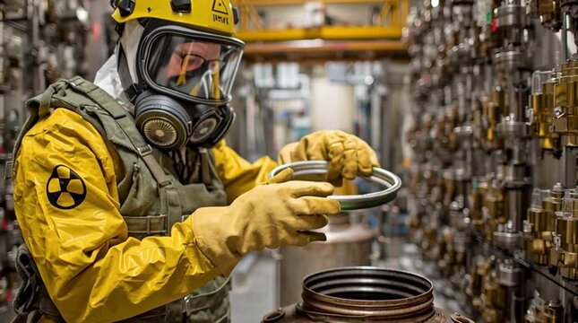 A worker in a full protective suit carefully handles a container of uranium hexafluoride gas before enrichment, highlighting strict safety protocols and the controlled environment of nuclear processin